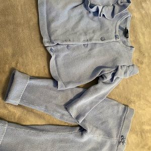 Baby blue knit cardigan and pants size 12 to 18 top and 18 to 24 on bottom
